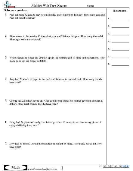 Tape Diagram Worksheets - Addition With Tape Diagram worksheet